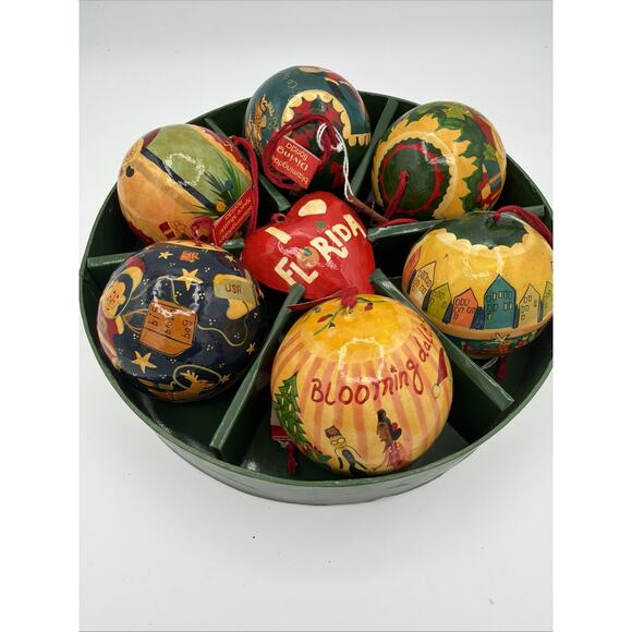 Vintage Bloomingdales Florida Christmas Ornament Balls Paper Mache Set of 7 New - Picture 1 of 16